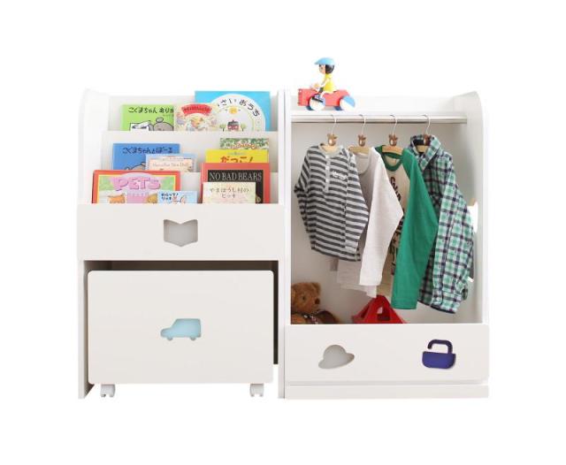 落書きが消せる ホワイトキッズ収納シリーズ 2点セット(絵本ラック+ハンガーラック) 男の子向け ホワイト 【北海道・沖縄・離島配送不可】