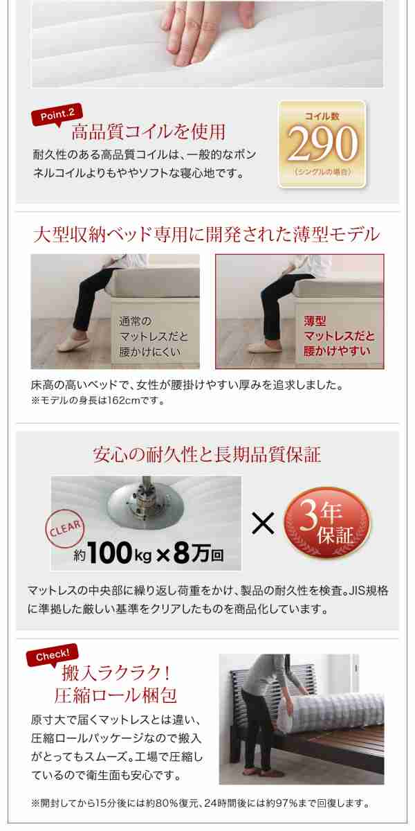 コンパクト収納ベッド フルーメン 〔薄型スタンダードボンネルコイルマットレス付き〕 セミシングル ホワイト