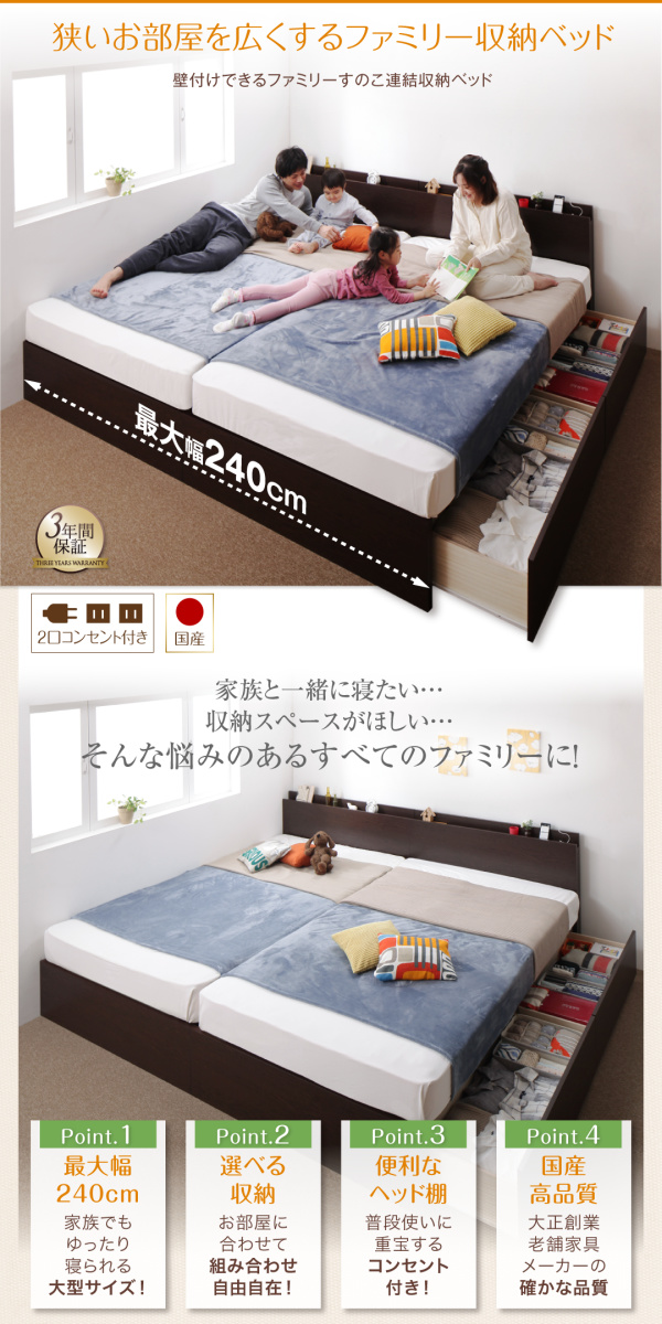 壁付けできる 国産 ファミリー連結収納ベッド 〔Tenerezza〕テネレッツァ 〔ベッドフレームのみ・マットレスなし〕 A+Bタイプ ワイドK240(SD×2) 〔フレーム色〕ホワイト 【北海道・沖縄・離島配送不可】_1