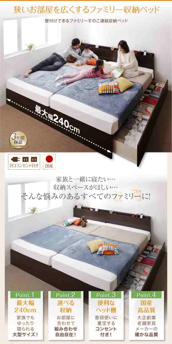 〔組立設置料込み〕壁付けできる 国産 ファミリー連結収納ベッド 〔Tenerezza〕テネレッツァ 〔スタンダードボンネルコイルマットレス付き〕 B(S)+A(SD)タイプ ワイドK220 〔フレーム色〕ホワイトの通販は