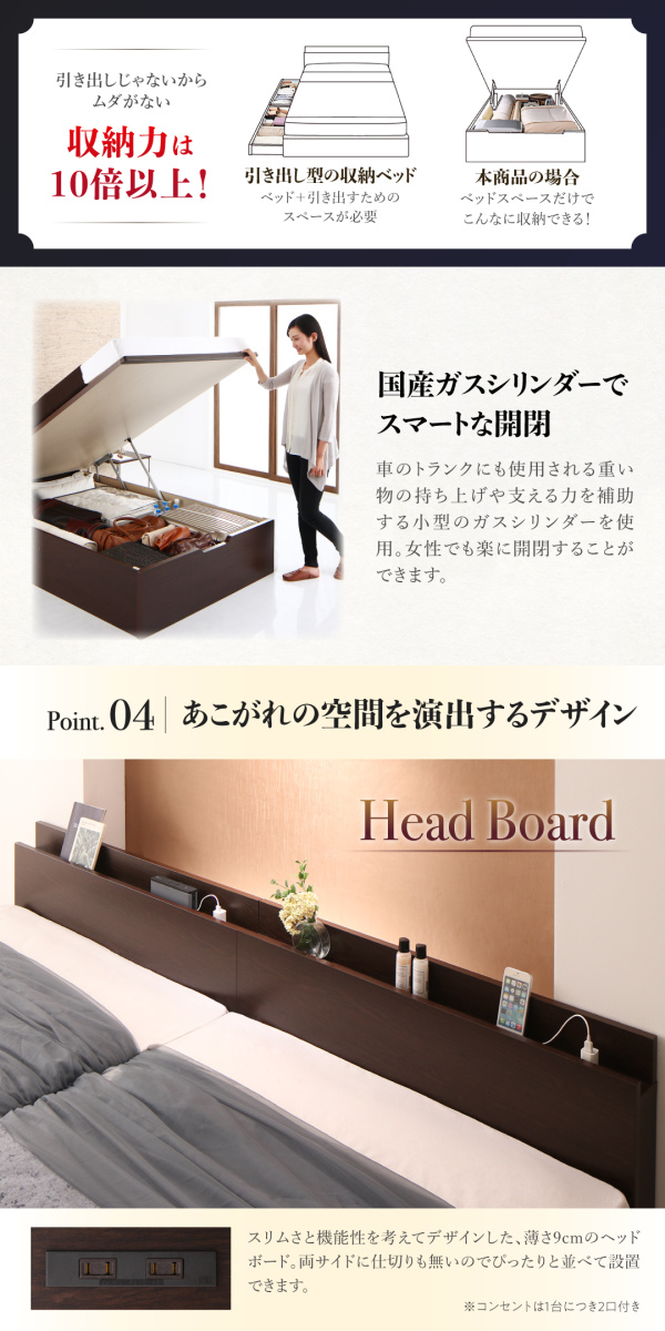 棚・コンセント付き 国産 大型跳ね上げ収納ベッド 〔Landelutz〕ランデルッツ 〔ベッドフレームのみ・マットレスなし〕 縦開き クイーン(SS×2) 〔フレーム色〕ホワイト 【北海道・沖縄・離島配送不可】_4