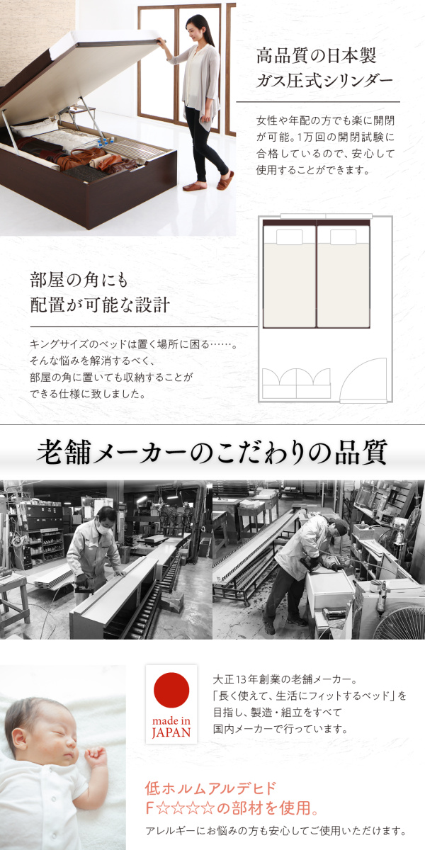 国産 大型跳ね上げ収納ベッド 〔Cervin〕セルヴァン 〔薄型スタンダードポケットコイルマットレス付き〕 縦開き クイーン(SS×2) 〔フレーム色〕ナチュラルの通販は