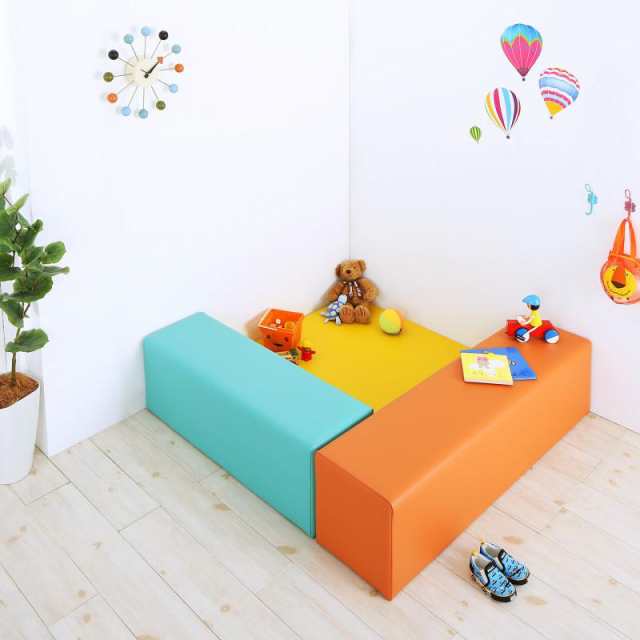 コーナー型キッズプレイマットシリーズ ポップキッズ 3点セット（フロアマット1枚+スツール2枚） 120×120 イエローの通販は