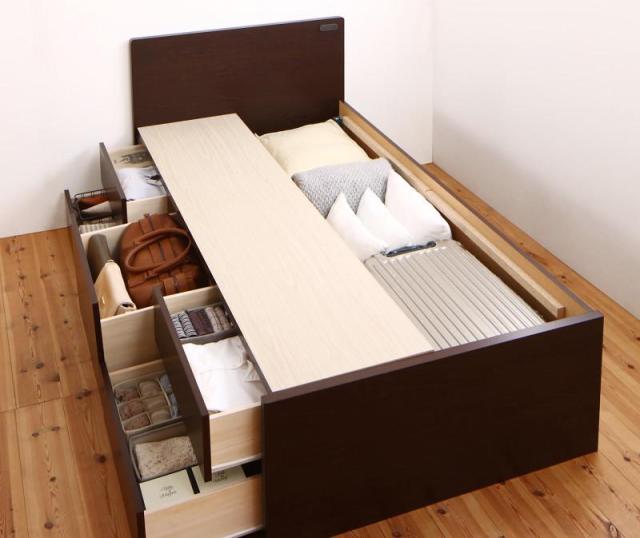 コンセント付き 国産コンパクトチェスト収納ベッド 〔Flumen〕フルーメン 〔ベッドフレームのみ・マットレスなし〕 セミシングル ショート丈 〔フレーム色〕ダークブラウン 【北海道・沖縄・離島配送不可】