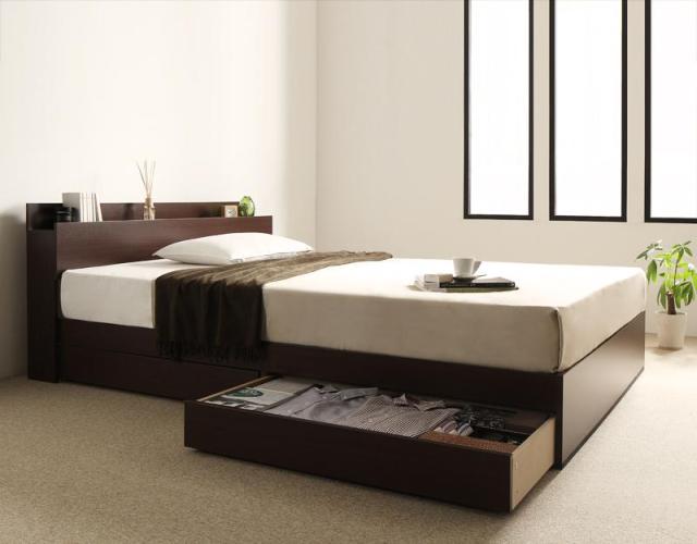 棚・コンセント付き収納ベッド 〔virzell〕ヴィーゼル 〔国産カバーポケットコイルマットレス付き〕 セミダブル 〔フレーム色〕ダークブラウン 〔マットレス色〕グレーの通販は 101,398円