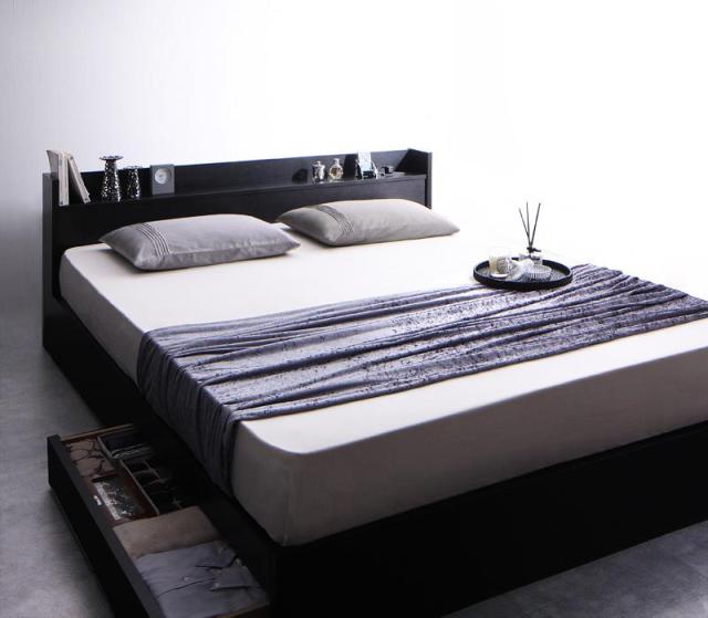 〔組立設置料込み〕棚・コンセント付収納ベッド 〔Rizeros〕リゼロス 〔スタンダードポケットコイルマットレス付き〕 クイーン(Q×1） 〔フレーム色〕ホワイト 〔マットレス色〕ホワイトの通販は