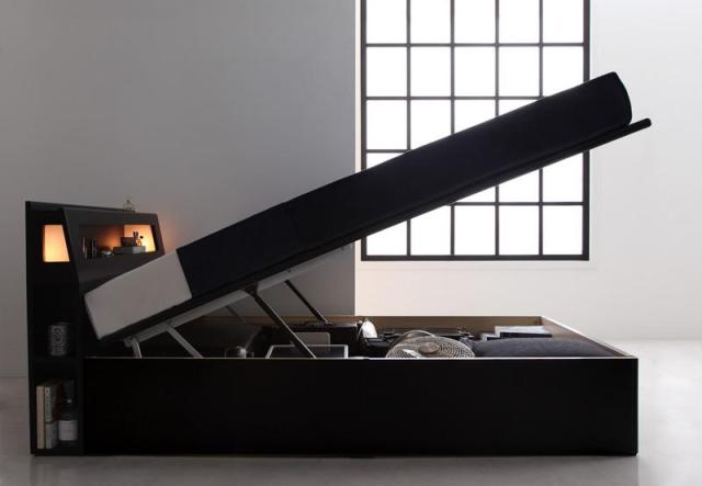 〔組立設置料込み〕モダンライトコンセント付き・ガス圧式跳ね上げ収納ベッド 〔Kezia〕ケザイア 〔マルチラススーパースプリングマットレス付き〕 セミシングル 深さラージ 〔フレーム色〕ブラック 〔マットレス色〕アイボリーの通販は 204,067円