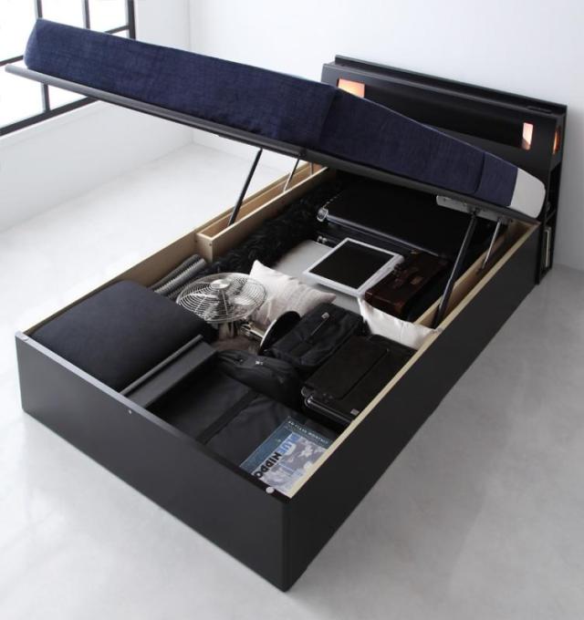 〔組立設置料込み〕モダンライトコンセント付き・ガス圧式跳ね上げ収納ベッド 〔Kezia〕ケザイア 〔スタンダードボンネルコイルマットレス付き〕 シングル 深さラージ 〔フレーム色〕ブラック 〔マットレス色〕ブラックの通販は 92,998円