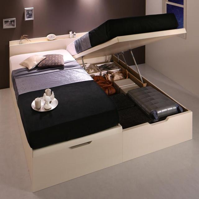 棚・コンセント付き国産大型サイズ頑丈跳ね上げ収納ベッド 〔Naval〕ナヴァル 〔薄型プレミアムボンネルコイルマットレス付き〕 縦開き ワイドK200(S×2) 〔フレーム色〕ダークブラウン 〔マットレス色〕ホワイトの通販は