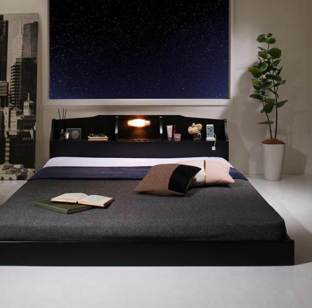 国産 コンセント・照明付 カップルにうれしいフロアベッド 〔天然ラテックス入り国産ポケットコイルマットレス付き〕 セミダブル 〔フレーム色〕ブラック 【北海道・沖縄・離島配送不可】