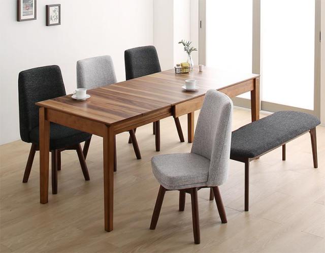 〔組立設置料込み〕ウォールナット3段階伸縮テーブル・回転イスダイニングシリーズ 〔Walkot〕ウォルコット 6点セット(テーブルW120-180+チェア4脚+ベンチ1脚) 〔チェア色〕ライトグレーの通販は