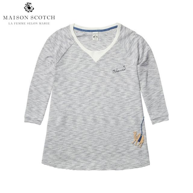20%OFFクーポンセール 【利用期間 2/18 10:00〜2/25 9:59】 メゾンスコッチ MAISON SCOTCH 正規販売店 レディース 七分袖Tシャツ Striped indigo Tee in A-line fit. 100221 B D00S20の通販は