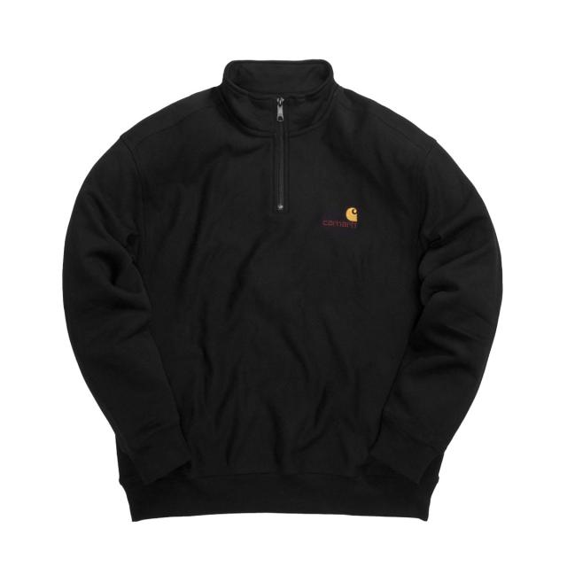 カーハート トレーナー メンズ 正規販売店 CARHARTT WIP 無地 ハーフジップトレーナー スウェット ワンポイントロゴ HALF ZIP AMERICAN SCRIPT SWEATSHIRT BLACK I027014 89XX_2