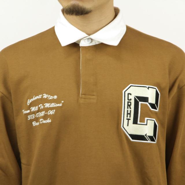 カーハート メンズ ラガーシャツ 正規品 CARHARTT WIP 長袖シャツ コットン LONG SLEEVE BROWN DUCKS RUGBY SHIRT HAMILTON BROWN / WHITE I033832 2IQXX_3