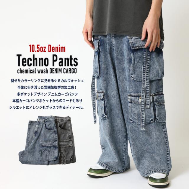 デニム テクノパンツ メンズ 夏新作 ワイドデニムカーゴパンツ ポケット 10.5oz アメカジ ストリートファッション ジーンズ