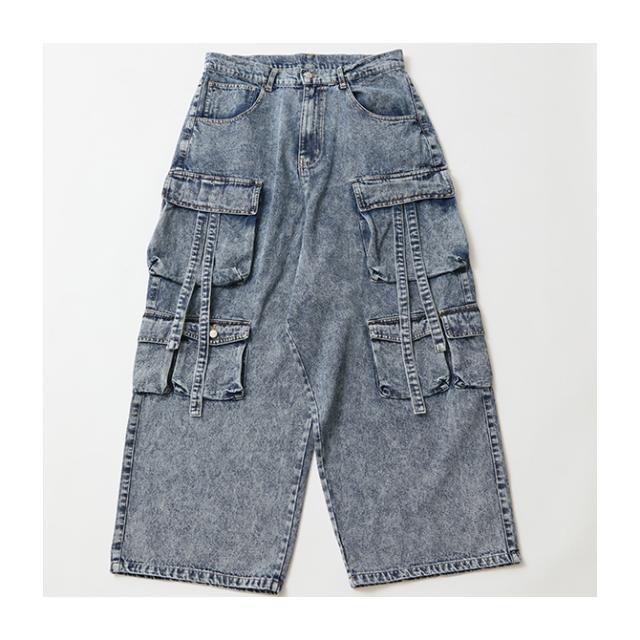 デニム テクノパンツ メンズ 夏新作 ワイドデニムカーゴパンツ ポケット 10.5oz アメカジ ストリートファッション ジーンズ