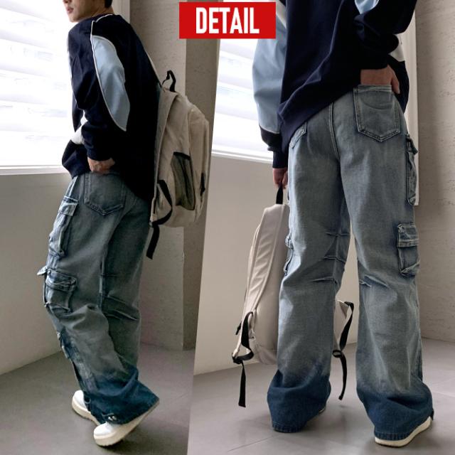 デニムパンツ メンズ ジーパン ピグメントデニム ビンテージ加工 裾アレンジ フレアパンツ デニムカーゴパンツ ジーンズ デニムパンツ メンズ ジーパン ピグメントデニム ビンテージ加工 裾