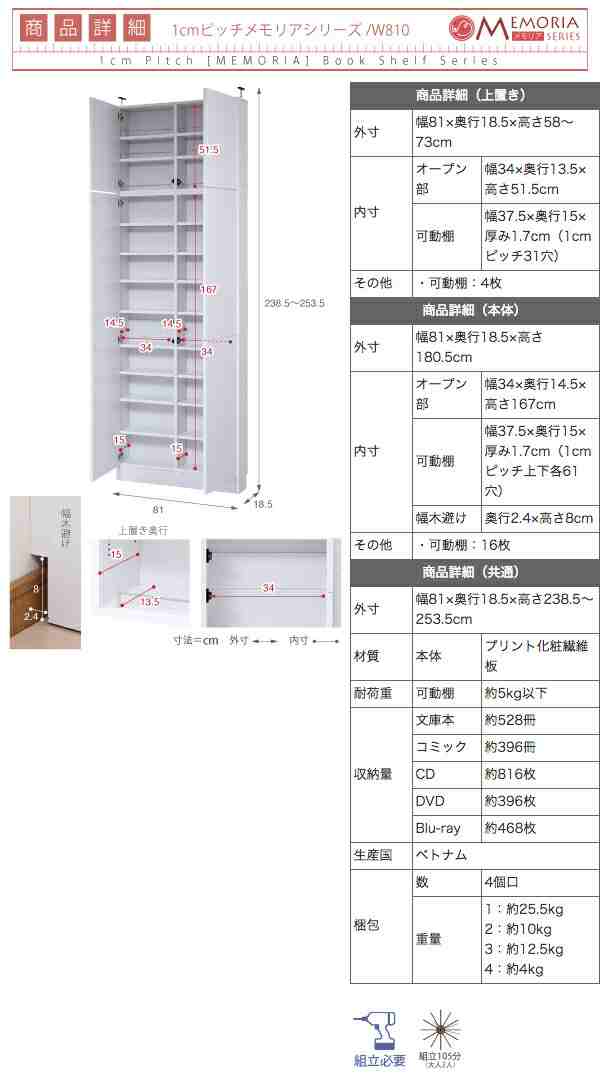 MEMORIA 棚板が1cmピッチで可動する 薄型扉付書棚上置きセット幅81cm