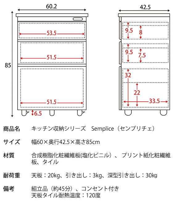 【ポイント7% クーポン進呈 送料無料】キッチン収納シリーズ Semplice 引き出し 収納家具 キッチン収納 レンジ台・レンジボード KC-