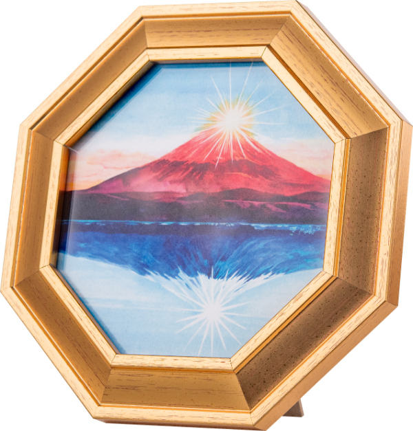 直送品・風水三徳富士 紅白霊峰図 開運 開運画 風水 風水画 風水アート 赤富士 白富士 二重富士 ダイヤモンド富士 金雲 白雲 吉寸 黄金 金運 八角形 額 金色 八角形額 財運 厄除け グッズ_1