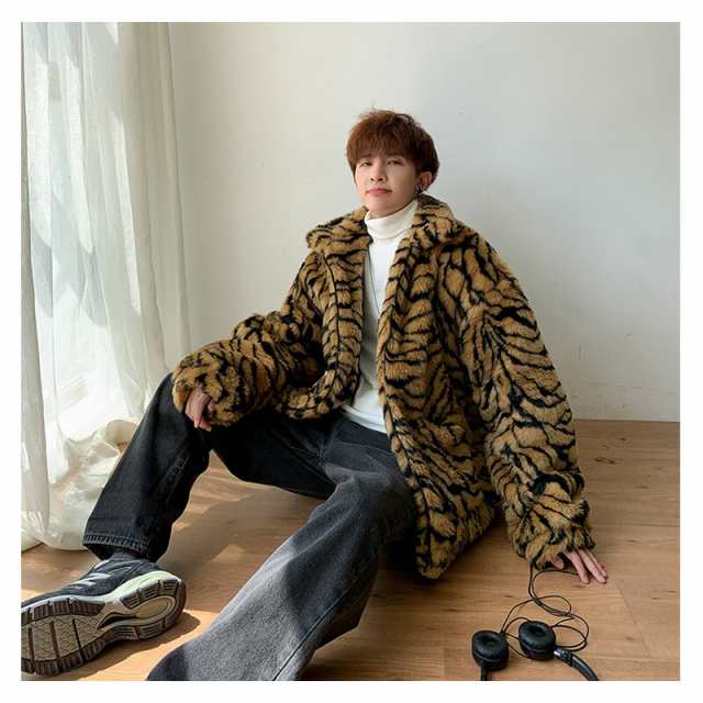 ビッグシルエット フェイクファー ボアジャケット モコモコ ハイネック 韓国 ファッション メンズ ゆったり 長袖 ロングスリーブ メンズ