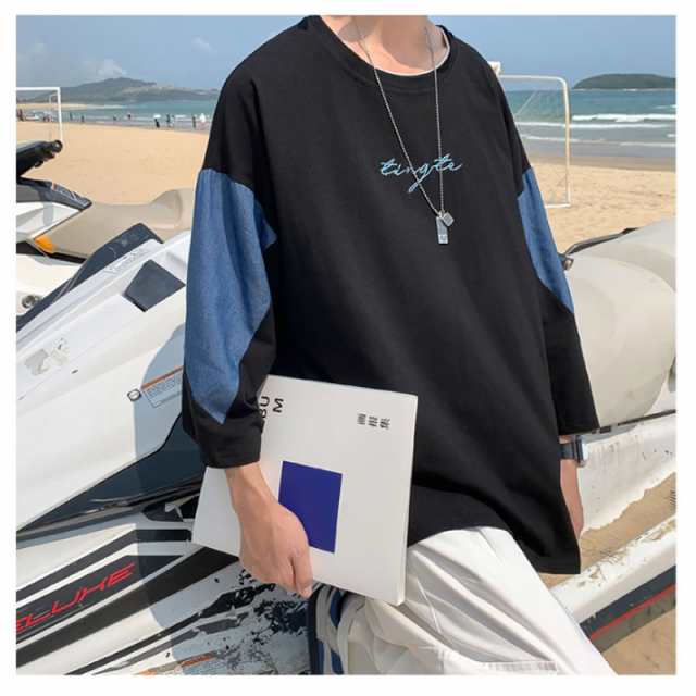 韓国 ファッション メンズ 切り替えデザイン Tシャツ 7分袖 七分袖 ドロップショルダー ワンポイント ティーシャツ ビッグシルエット モ