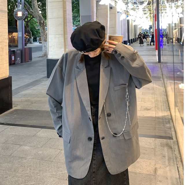 韓国 ファッション ゆったり ダブル テーラード ジャケット チェーン