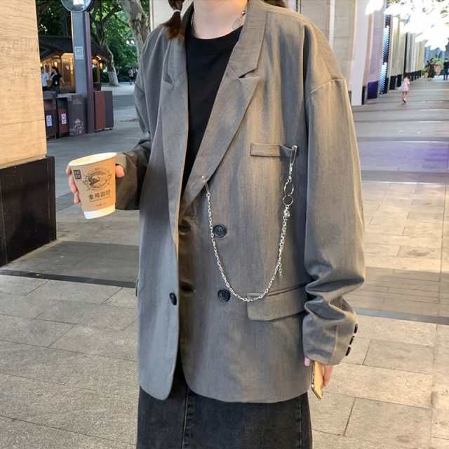 韓国 ファッション ゆったり ダブル テーラード ジャケット チェーン