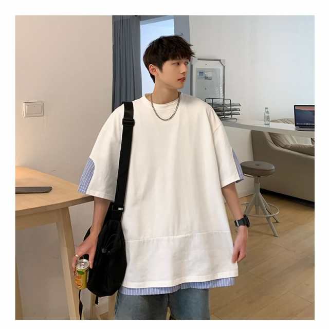 tシャツ メンズ ビッグシルエット ストライプ柄 切り替え Tシャツ 韓国