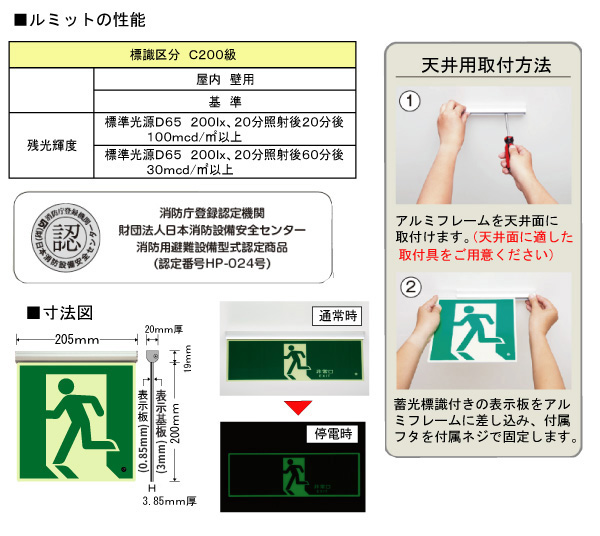 ユニット 高輝度蓄光式誘導標識 避難口 天井用 ルミット 836-060 右C200_1