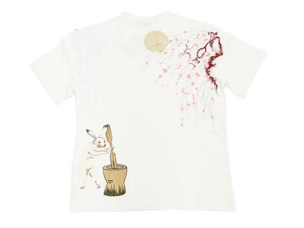 花旅楽団 ST-803 Tシャツ 月兔と枝垂桜 刺繍 メンズ 和柄 半袖tee オフ