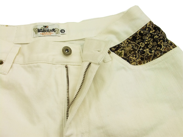 絡繰魂 カラーデニムパンツ 金襴家紋刺繍 和柄 メンズ ジーンズ 242204 生成 新品 絡繰魂 カラーデニムパンツ 金襴家紋刺繍 和柄 メンズ ジーンズ 242204