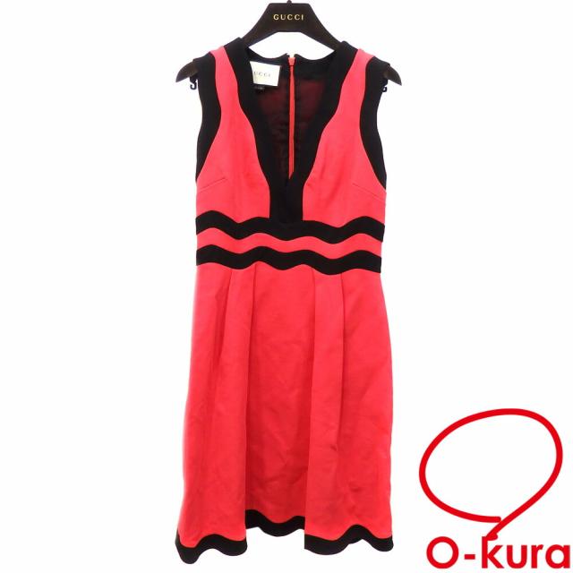 中古 グッチ ワンピース レディース ノースリーブ ひざ丈 レーヨン他 ピンク系 ブラック XSサイズ バックファスナー 古着 アパレル