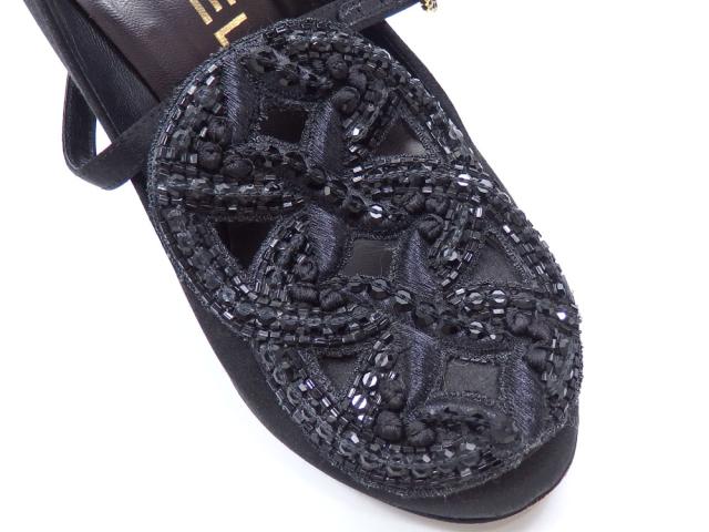 中古 シャネル パンプス レディース ラウンドトゥ ハイヒール サテン ビーズ ビジュー ブラック 黒 21.5cm 34 1/2 ココマーク 古着