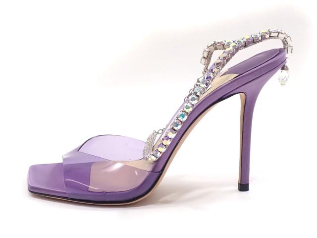 中古 ジミーチュウ サンダル レディース サテン PVC パープル 紫 約24.0cm 37 ハイヒール ピンヒール ラインストーン スクエアトゥ アンクルストラップ Saeda 100 古着 アパレル 中古 ジミーチュウ サンダル レディース サテン PVC パープル 紫 約