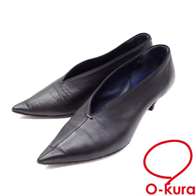 中古 セリーヌ パンプス レディース ポインテッドトゥ レザー ブラック 黒 約23.0cm 36 Vカット ミドルヒール 古着 アパレル