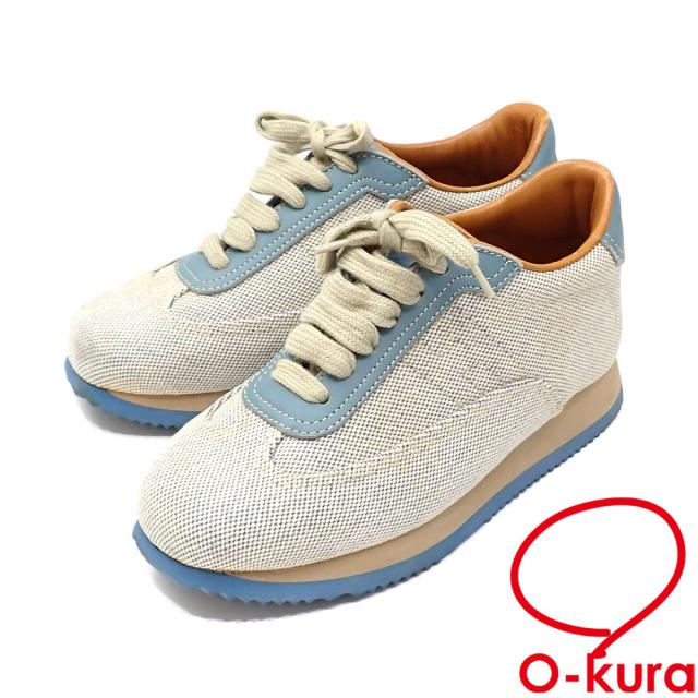 中古 エルメス スニーカー レディース キャンバス レザー グレー ライトブルー 約22.5cm 35 1/2 ソルド品 古着 アパレル