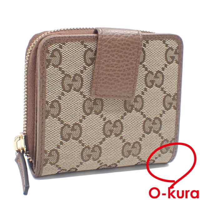 中古 グッチ 二つ折り 財布 レディース ブラウン ベージュ 茶色 GGキャンバス レザーの通販は