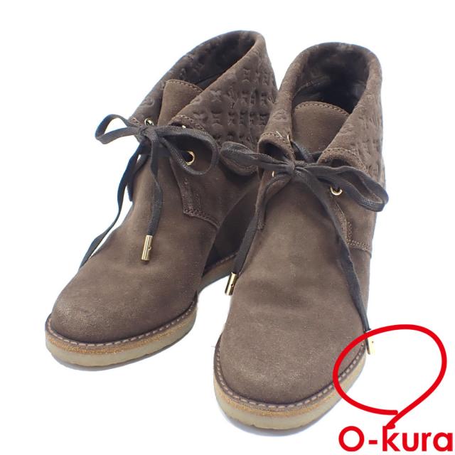 中古 ルイ・ヴィトン ショートブーツ レディース ブラウン 茶色 約22.0cm 34 1/2 スエード ウェッジソール アーモンドトゥ 古着 アパレル