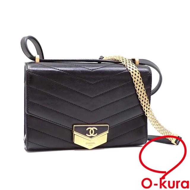 中古 シャネル ショルダーバッグ Vステッチ レディース ブラック 黒 カーフスキン A57491 斜め掛け