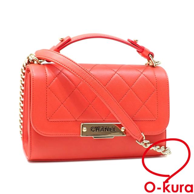 中古 シャネル ラベルクリック チェーンショルダーバッグ マトラッセ レディース オレンジ カーフスキン A93701 ゴールド金具 斜め掛けの通販は