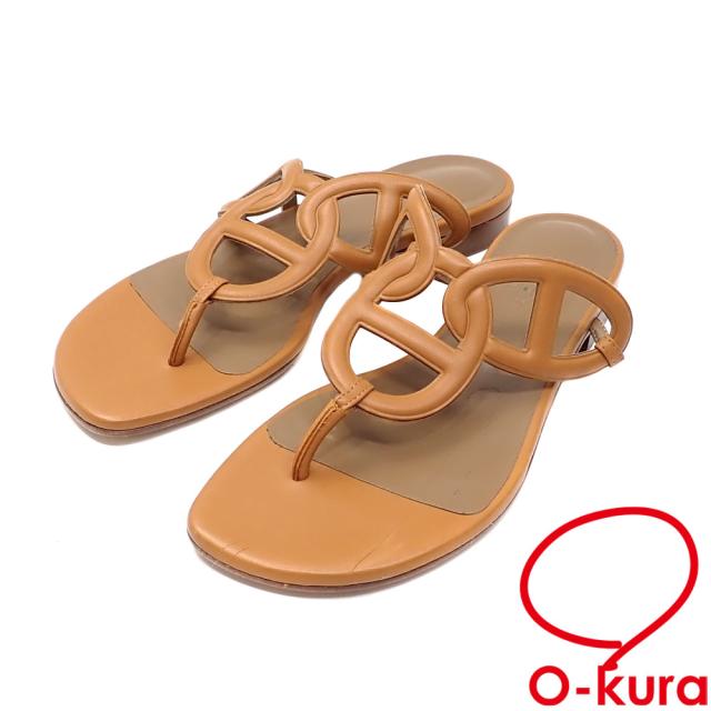 中古 エルメス サンダル エジェリ シェーヌダンクル レディース レザー ブラウン 23.0cm 36 トングサンダル ソルド品 古着 アパレル