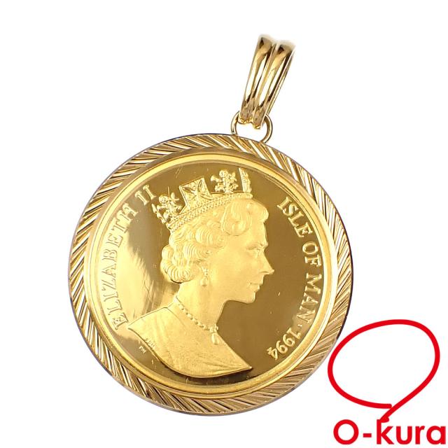 中古 ゴールドコイン ペンダントトップ レディース K18YG枠 K24YG 31.4g 750 18金 24金 イエローゴールド マン島 キャット 猫 エリザベス2世 1/2oz 1994年の通販は