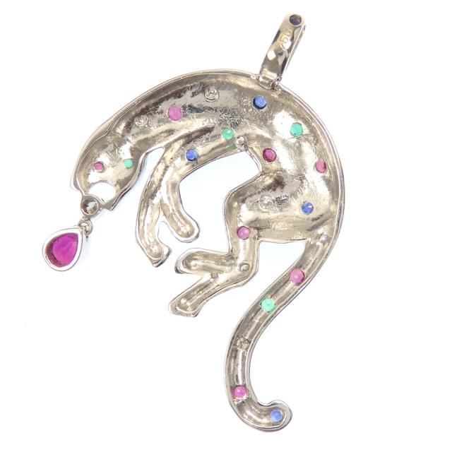 中古 マルチカラー パンサーモチーフ ペンダントトップ レディース K18WG 9.8g 18金 ホワイトゴールド 750 ヒョウ サファイア ルビー エメラルド