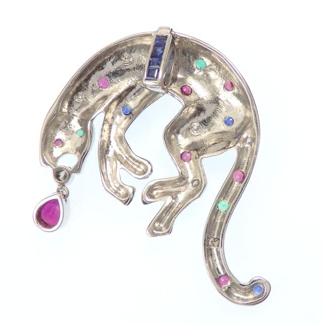 中古 マルチカラー パンサーモチーフ ペンダントトップ レディース K18WG 9.8g 18金 ホワイトゴールド 750 ヒョウ サファイア ルビー エメラルド
