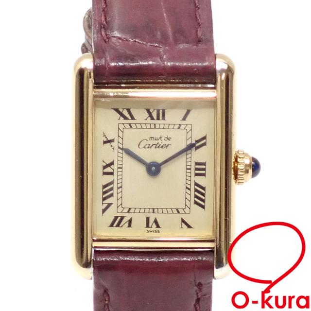 中古 カルティエ 腕時計 マストタンク ヴェルメイユ SM レディース クォーツ シルバー GP 革ベルト W1003154 電池式 社外ベルトの通販は