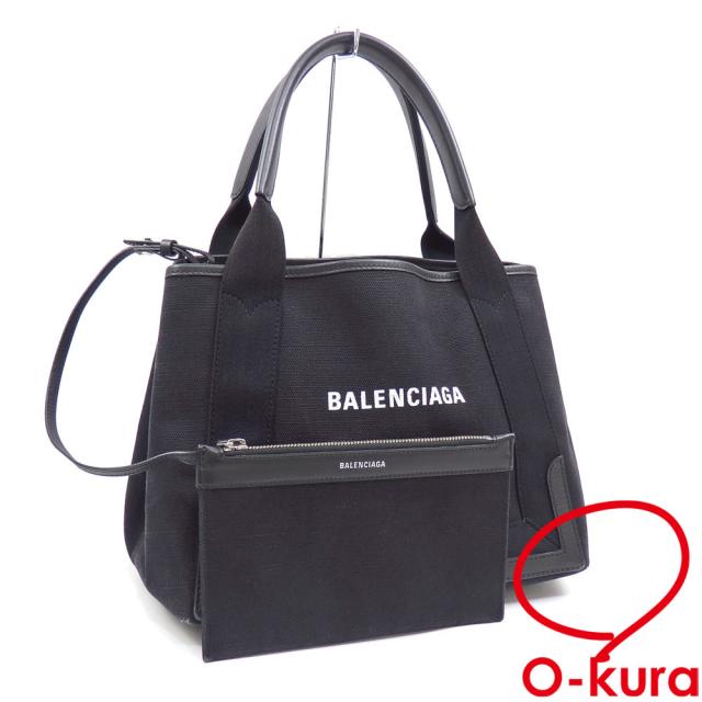 中古 バレンシアガ トートバッグ スモールカバス レディース ブラック 黒 コットン レザー 339933 ハンド ポーチ付き ロゴ Sの通販は