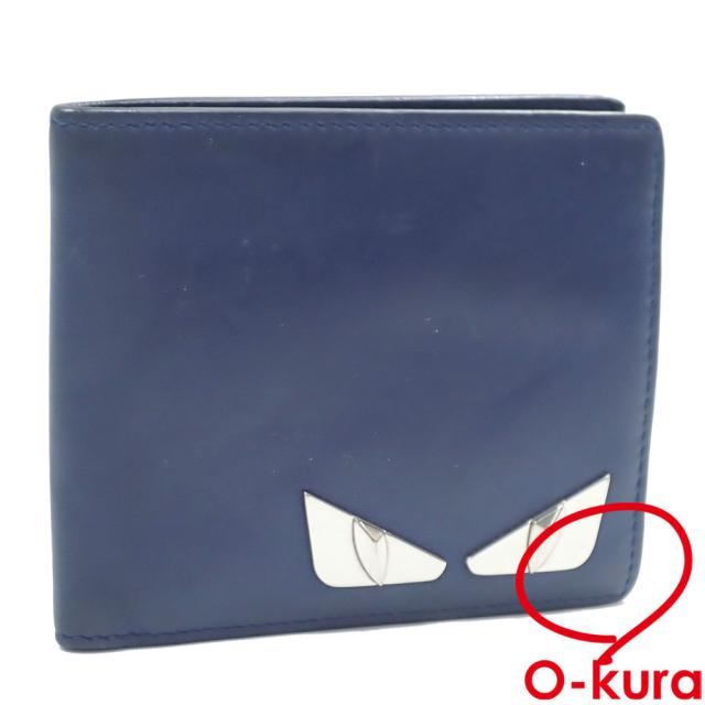 中古 フェンディ 二つ折り 札入れ メンズ ブルー 青 レザー 7M0169 革 二つ折り財布 モンスターアイ