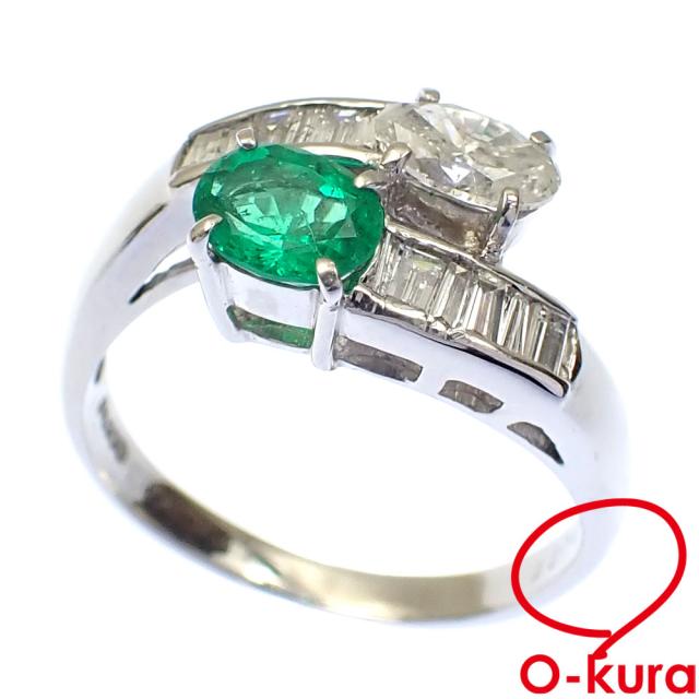中古 エメラルド ダイヤモンド リング レディース Pt900 15号 E0.50ct/D0.41ct/0.27ct 5.9g 指輪