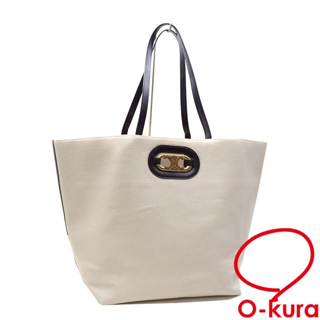 中古 セリーヌ トリオンフ トートバッグ レディース アイボリー ブラック コットン レザー ショルダー 肩掛